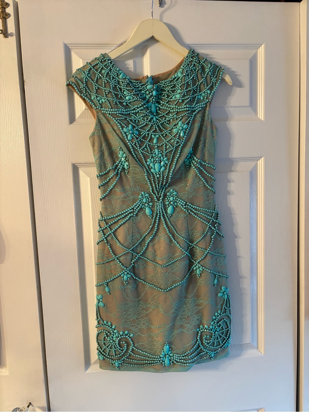 Sherri Hill Turquoise Beaded Lace Mini Dress